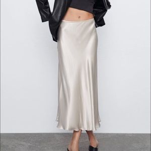 Zara Satin Midi Skirt, neutral, champagne, size L